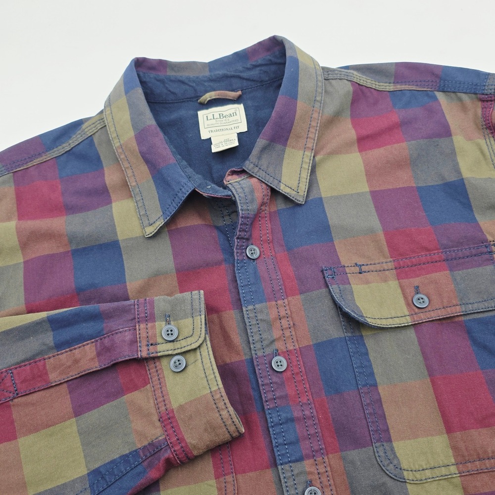 LL Bean Hurricane Mens XL Traditional Fit Blue Check Flannel Lined Canvas Shirt
